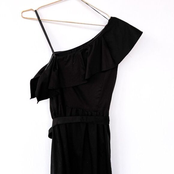 NWOT Adrianna Papell Black One Shoulder Tie Waist Ruffle High Low Hem Midi Dress - Picture 9 of 10